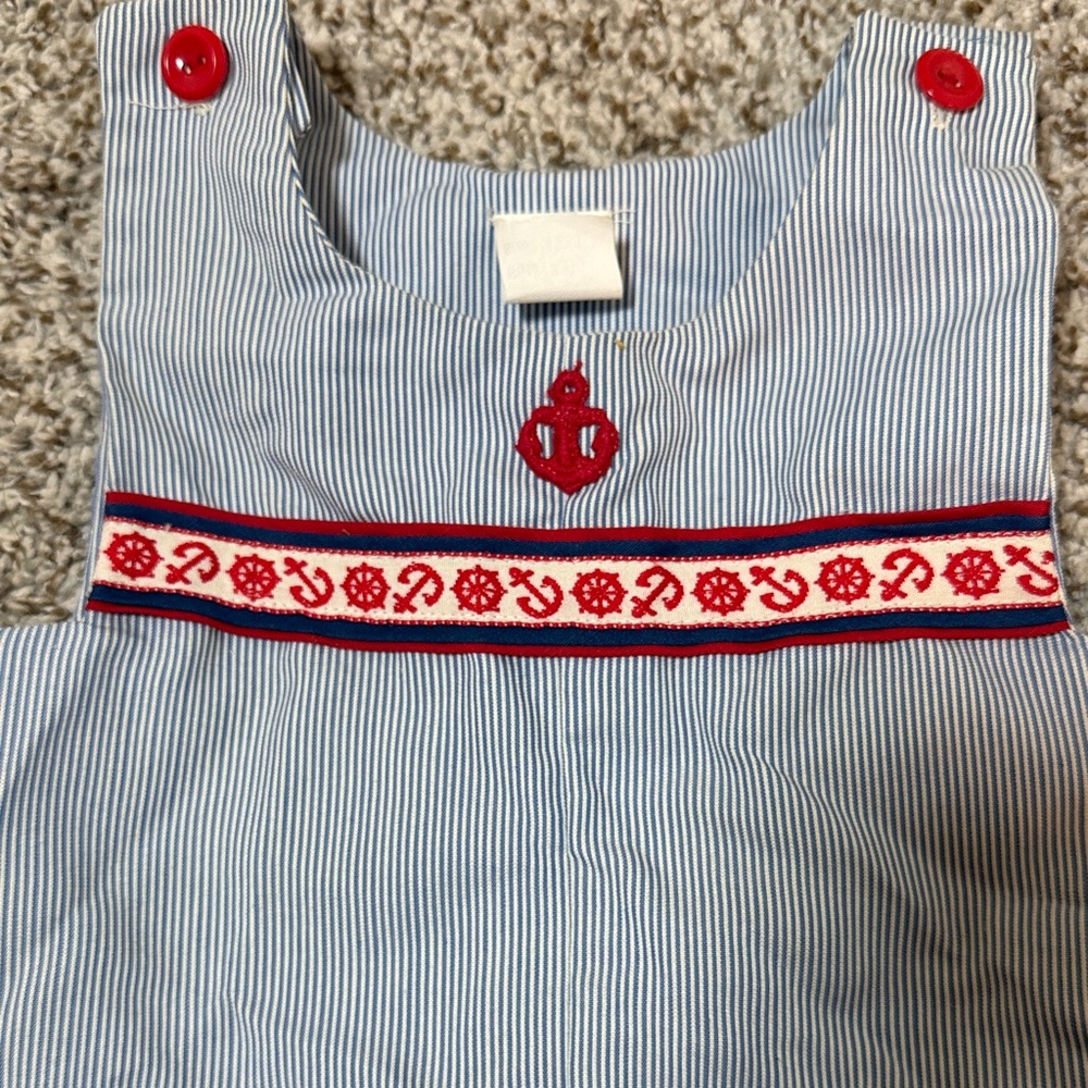 Bryan Vintage Infant Blue & White Pinstripe Bubble Romper w/ Nautical Embroidery - Picture 4 of 6